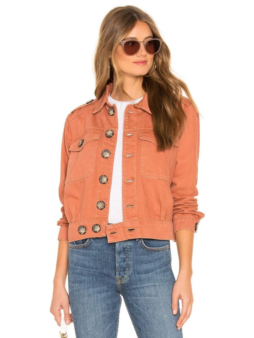 Free People Eisenhower Denim Jacket  Boxy Fit Terracotta Orange Small